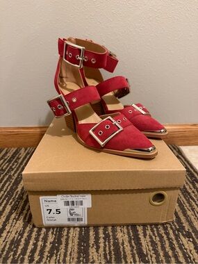 Red Buckle Pointed-Toe Block Heel Sandals with Ankle Strap